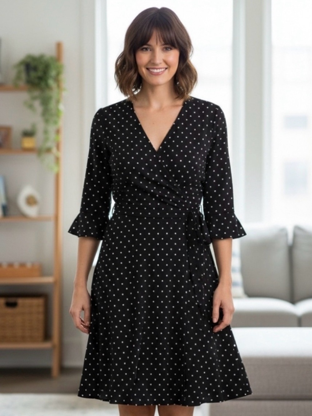 LOFT Black Polka Dot Faux-Wrap Midi Dress